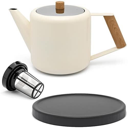 Teekanne Set 1.1 Liter - Edelstahl doppelwandig Creme-Weiß - Großer moderner Teebereiter mit Tee-Filter-Sieb-Aufsatz für losen Tee - inkl. Holz-Untersetzer schwarz von Bredemeijer