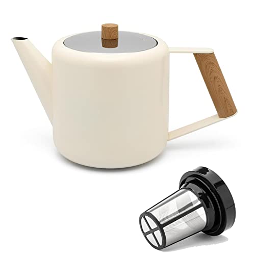 Teekanne Set 1.1 Liter - Edelstahl doppelwandig Creme-Weiß - Großer moderner Teebereiter mit Tee-Filter-Sieb-Aufsatz für losen Tee von Bredemeijer