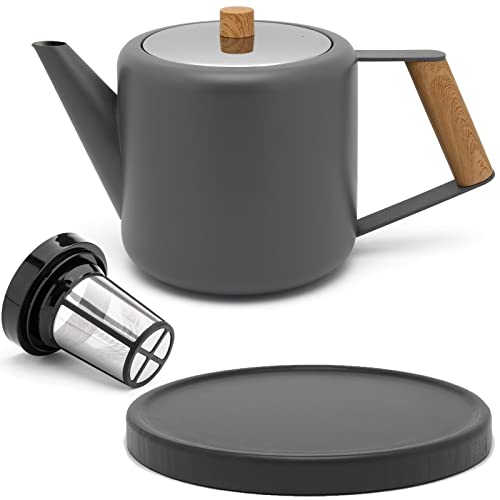 Teekanne Set 1.1 Liter - Edelstahl doppelwandig Grau - Großer moderner Teebereiter mit Tee-Filter-Sieb-Aufsatz für losen Tee - inkl. Holz-Untersetzer schwarz von Bredemeijer