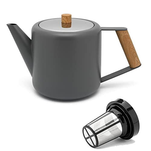 Teekanne Set 1.1 Liter - Edelstahl doppelwandig Grau - Großer moderner Teebereiter mit Tee-Filter-Sieb-Aufsatz für losen Tee von Bredemeijer