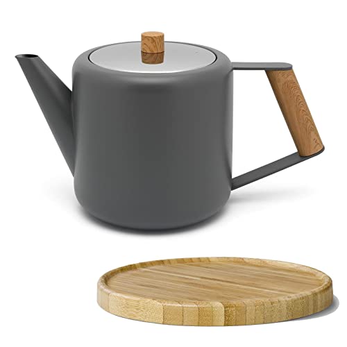 Teekanne Set 1.1 Liter - Edelstahl doppelwandig Grau - Großer moderner Teebereiter ohne Filter - inkl. Holz-Untersetzer braun von Bredemeijer