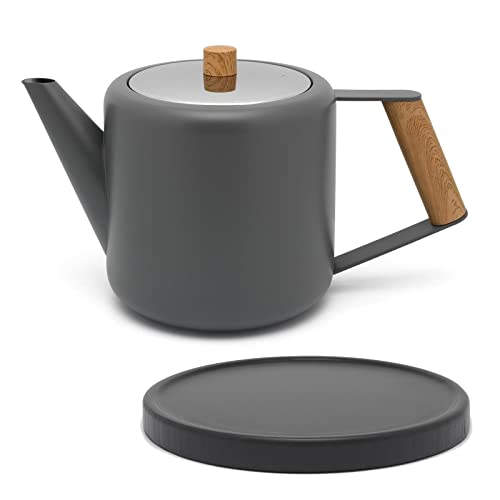 Teekanne Set 1.1 Liter - Edelstahl doppelwandig Grau - Großer moderner Teebereiter ohne Filter - inkl. Holz-Untersetzer schwarz Teekanne Set 1.1 Liter - Edelstahl doppelwandig Grau - Großer moderner Teebereiter ohne Filter - inkl. Holz-Untersetzer schwarz von Bredemeijer