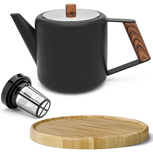 Teekanne Set 1.1 Liter - Edelstahl doppelwandig Schwarz - Großer moderner Teebereiter mit Tee-Filter-Sieb-Aufsatz für losen Tee - inkl. Holz-Untersetzer braun von Bredemeijer