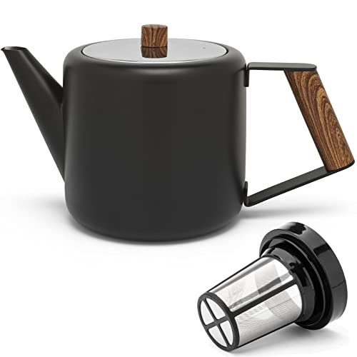Teekanne Set 1.1 Liter - Edelstahl doppelwandig Schwarz - Großer moderner Teebereiter mit Tee-Filter-Sieb-Aufsatz für losen Tee von Bredemeijer