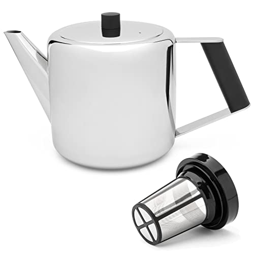 Teekanne Set 1.1 Liter - Edelstahl doppelwandig Silber - Großer Teebereiter mit Tee-Filter-Sieb-Aufsatz für losen Tee von Bredemeijer