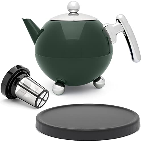 Teekanne Set 1.2 Liter - Edelstahl doppelwandig Grün - Großer Teebereiter mit Deckel mit Tee-Filter-Sieb-Aufsatz für losen Tee - inkl. Holz-Untersetzer schwarz von Bredemeijer