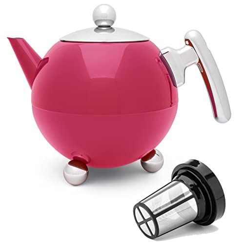 Teekanne Set 1.2 Liter - Edelstahl doppelwandig Pink - Großer Teebereiter mit Deckel mit Tee-Filter-Sieb-Aufsatz für losen Tee von Bredemeijer