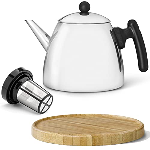 Teekanne Set 1.2 Liter - Edelstahl doppelwandig glänzend - Kleiner klassicher Teebereiter mit Tee-Filter-Sieb-Aufsatz für losen Tee - inkl. Holz-Untersetzer braun von Bredemeijer