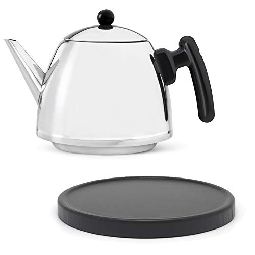 Teekanne Set 1.2 Liter - Edelstahl doppelwandig silber glänzend - Kleiner klassischer Teebereiter ohne Filter - inkl. Holz-Untersetzer schwarz von Bredemeijer