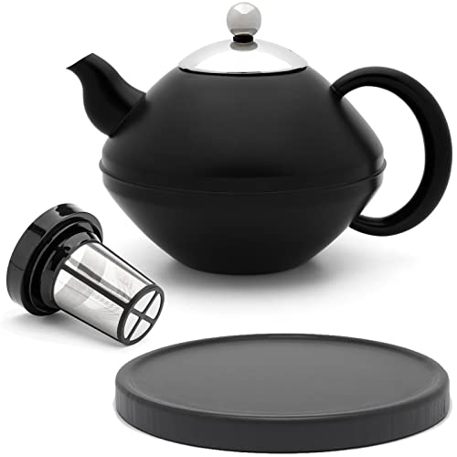 Teekanne Set 1.4 Liter - Edelstahl doppelwandig Schwarz matt - Großer Klassischer Teebereiter mit Tee-Filter-Sieb-Aufsatz für losen Tee - inkl. Holz-Untersetzer schwarz von Bredemeijer