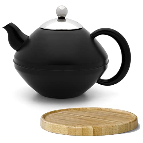 Teekanne Set 1.4 Liter - Edelstahl doppelwandig Schwarz matt - Großer Klassischer Teebereiter ohne Filter - inkl. Holz-Untersetzer braun von Bredemeijer