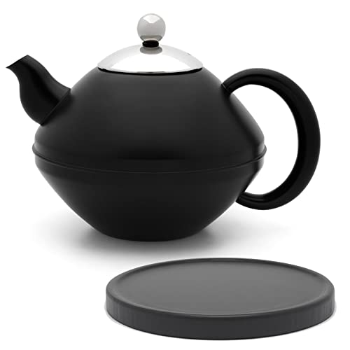 Teekanne Set 1.4 Liter - Edelstahl doppelwandig Schwarz matt - Großer Klassischer Teebereiter ohne Filter - inkl. Holz-Untersetzer schwarz von Bredemeijer