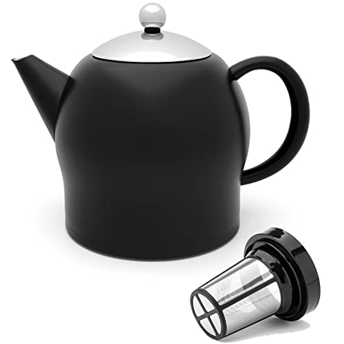 Teekanne Set 1.4 Liter - Edelstahl doppelwandig Schwarz matt - Großer Moderner Teebereiter mit Tee-Filter-Sieb-Aufsatz für losen Tee von Bredemeijer