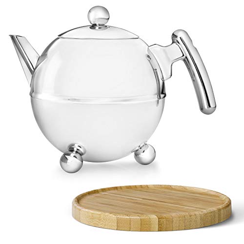 Teekanne Set 1.5 Liter - Edelstahl doppelwandig glänzend - Große Edelstahlteekanne mit Deckel ohne Filter - inkl. Holz-Untersetzer braun von Bredemeijer