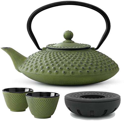 Teekanne asiatisch Gusseisen Set grün 1.25 Liter Teekessel mit Henkel & Edelstahl Tee-Filter-Sieb-Einsatz & Stövchen inkl. Teebecher von Bredemeijer