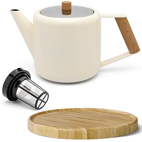 Teekanne Set 1.1 Liter - Edelstahl doppelwandig Creme-Weiß - Großer moderner Teebereiter mit Tee-Filter-Sieb-Aufsatz für losen Tee - inkl. Holz-Untersetzer braun von Bredemeijer