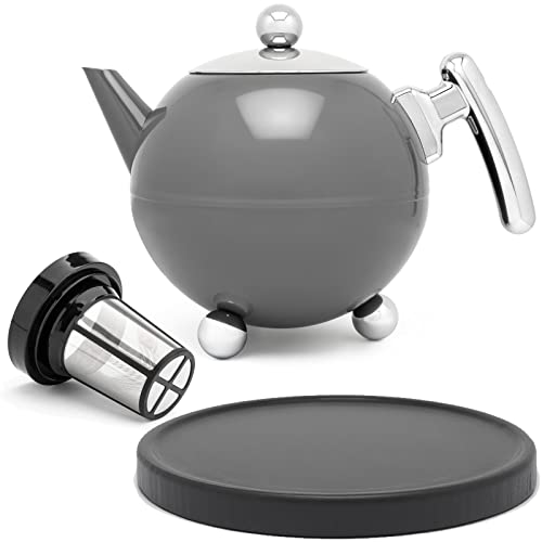 Bredemeijer Bella Ronde Edelstahl-Teekannen-Set 1,2L – Doppelwandige Edelstahlkanne mit Füßen, Kugelform, grau – Mit schwarzem Untersetzer & Tee-Filter Sieb-Aufsatz für losen & Blätter-Tee von Bredemeijer
