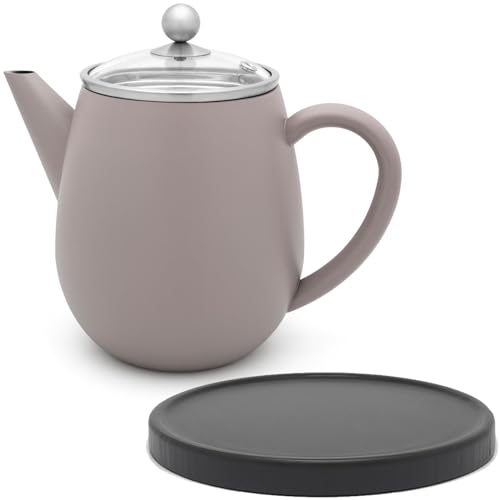 Bredemeijer graue doppelwandige Teekanne 1.1 Liter - isolierende Edelstahl Kanne mit Deckel aus Glas & Tee-Filter Sieb-Einsatz und schwarzem Holz-Untersetzer von Bredemeijer