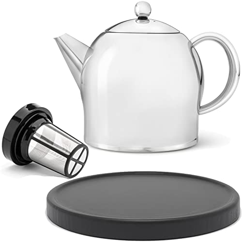große glänzende doppelwandige Edelstahl Teekanne 1.4 Liter & schwarzer Untersetzer aus Holz & Edelstahl Tee-Filter-Sieb-Aufsatz für losen Tee oder Teebeutel von Bredemeijer