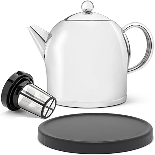 große glänzende doppelwandige Edelstahl Teekanne 2.0 Liter & schwarzer Untersetzer aus Holz & Edelstahl Tee-Filter-Sieb-Aufsatz für losen Tee oder Teebeutel von Bredemeijer