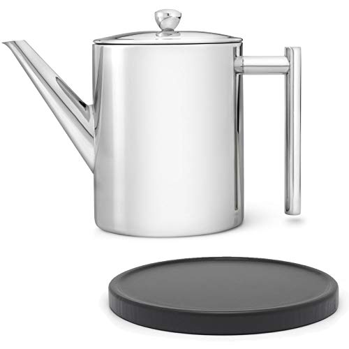 hohe glänzende doppelwandige Edelstahl Teekanne 1.2 Liter & klassischer Teebereiter mit Tee-Filter Sieb-Einsatz für losen Tee & runder schwarzer Holzuntersetzer hohe glänzende doppelwandige Edelstahl Teekanne 1.2 Liter & klassischer Teebereiter mit Tee-Filter Sieb-Einsatz für losen Tee & runder schwarzer Holzuntersetzer von Bredemeijer