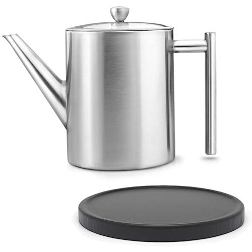 hohe matte doppelwandige Edelstahl Teekanne 1.2 Liter & klassischer Teebereiter mit Tee-Filter Sieb-Einsatz für losen Tee & runder schwarzer Holzuntersetzer von Bredemeijer