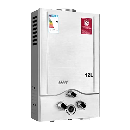 12LPM Gasdurchlauferhitzer,24KW LPG Durchlauferhitzer mit Super Niedrigem 0,2 bar Startwasserdruck,für Zuhause,Wohnmobile,Kabinen,Scheunen,Geeignet für Propan & Butan Silber von BreeRainz