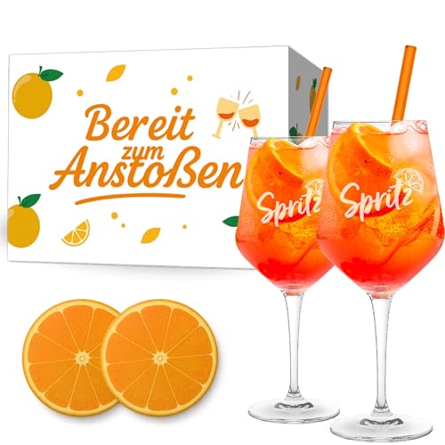 Breezio Aperol Spritz Geschenkset - Aperol Gläser, Glasstrohhalme & Orangen-Untersetzer in geschenkbereiter Verpackung | Ideales Aperol Geschenkset für schöne Momente und Aperol Spritz Liebhaber von Breezio