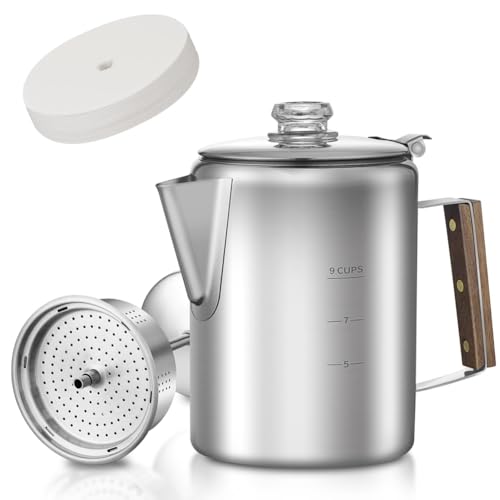 Breieenon Material Camping Kaffee Perkolator 9 Tasse mit 90-Teiligen Filtern-Köpfiger Stahlkaffeekanne für Zuhause und Outdoor von Breieenon