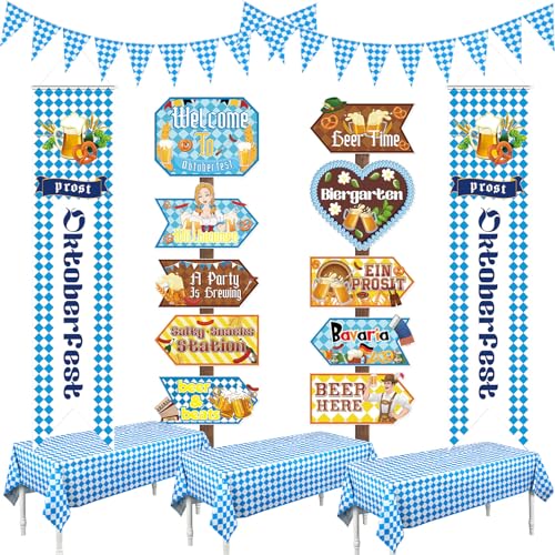Breling 17-teiliges Oktoberfest-Dekorationsset beinhaltet 2 Oktoberfest-Wimpelbanner, 3 blau-weiß karierte Tischdecke, 2 Yard Veranda-Schilder, 10 Foto-Requisiten, Dekorationen für von Breling