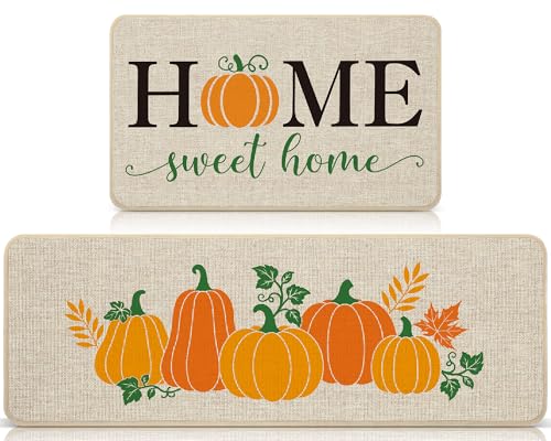 Breling Home Sweet Welcome Mats Herbst-Kürbis-Fußmatte für drinnen und draußen, dekorative Matten mit rutschfester Gummi-Unterseite für Halloween, Tür, Eingang, Küche (Kürbis-Zuhause), 2 Stück von Breling