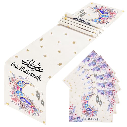 Breling Tischläufer- und Platzdeckchen-Set, Motiv: Eid Mubarak, 33 x 183 cm, Ramadan-Tischläufer, 6 32 x 41 cm, 7-teiliges Set von Breling