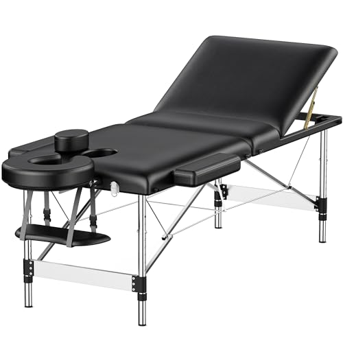 Brelley Massageliege Klappbar 3 Zonen 70cm Breit Höhenverstellbare Kosmetikliege Massagebank, Aluminium Tattoo-Tisch mit Kopfstütze & Armlehnen & Tasche Schwarz von Brelley