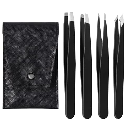 Brencco 4 Stück Pinzetten Set, Präzisions Pinzetten Edelstahl, Profi Augenbrauenpinzette mit Anti-Rutsch Beschichtung, für Augenbrauen, Wimpern, eingewachsene Haare, Barthaare von Brencco