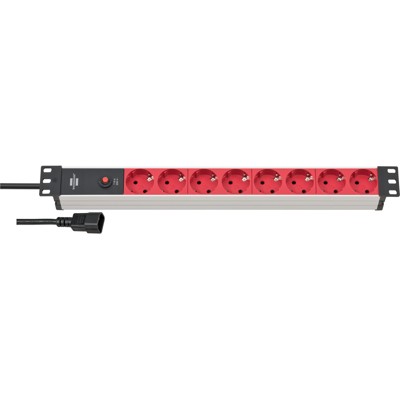 Alu-Line 19" Steckdosenleiste für Schaltschränke mit 10A Sicherungsautomat und Kaltgerätestecker IEC C14 8-fach silber/rot 2m H05VV-F 3G1,0 von Brennenstuhl
