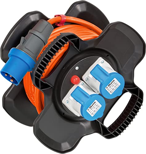 Brennenstuhl CEE 230V Camping Kabeltrommel X-Gum (10m H07RN-F 3G2,5 Kabel in orange, Kabeltrommel mit 2 CEE- und 3 Schutzkontakt-Steckdosen, ständiger Einsatz außen IP44, Made in Germany) von Brennenstuhl