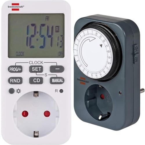 Brennenstuhl Comfort-Line Digitale Wochenzeitschaltuhr, Digitale Timer-Steckdose weiß & Zeitschaltuhr MZ 20, mechanische Timer-Steckdose grau von Brennenstuhl