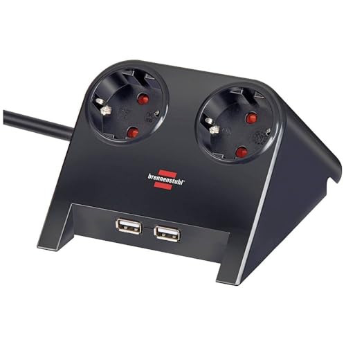 Brennenstuhl Desktop-Power Steckdosenleiste 2-Fach für den Tisch (Tischsteckdose mit 1,8m Kabel, Mehrfachsteckdose mit Gummifüßen und 2-Fach USB) schwarz poliert von Brennenstuhl