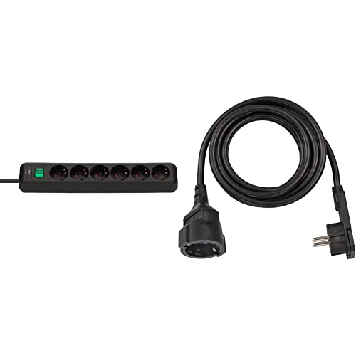 Brennenstuhl Eco-Line, Steckdosenleiste 6-Fach (Schalter und 3m Kabel) schwarz & Qualitäts-Kunststoff-Verlängerungskabel mit Flachstecker (Verlängerungskabel flach für innen mit 3m Kabel) schwarz von Brennenstuhl