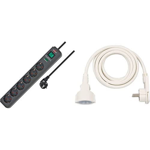 Brennenstuhl Eco-Line Steckdosenleiste 6-Fach mit Überspannungsschutz (Schalter und 1,5m Kabel) anthrazit & Qualitäts-Kunststoff-Verlängerungskabel mit Flachstecker (mit 3m Kabel) weiß von Brennenstuhl