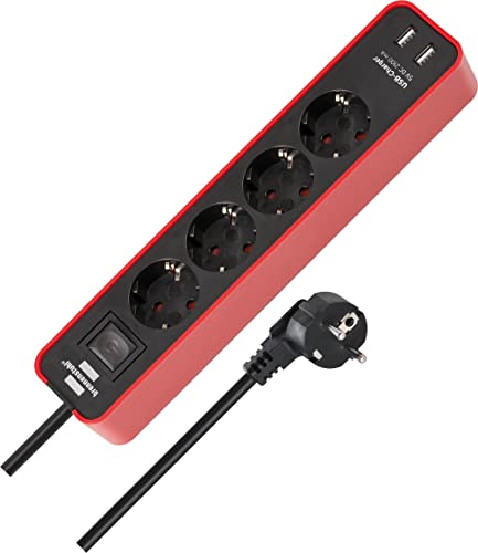 Brennenstuhl Ecolor Steckdosenleiste 4-fach mit USB-Ladebuchse (Mehrfachsteckdose mit 2x USB Charger, Schalter und 1,5m Kabel) rot/schwarz von Brennenstuhl