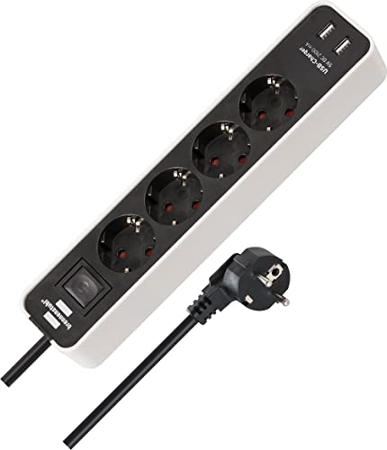 Brennenstuhl Steckdosenleiste Ecolor 4-Fach mit USB (Mehrfachstecker mit 2 USB-Ladebuchsen, Mehrfachsteckdose mit Schalter und 1,5m Kabel) weiß/schwarz von Brennenstuhl