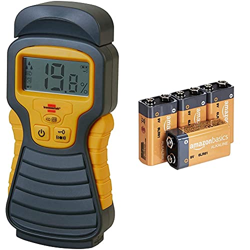 Brennenstuhl Feuchtigkeits-Detector MD (Feuchtigkeitsmessgerät/Feuchtigkeitsmesser für Holz oder Baustoffen, mit LCD-Display) anthrazit/gelb & Amazon Basics Everyday Alkalibatterien, 9 V, 4 Stück von Brennenstuhl