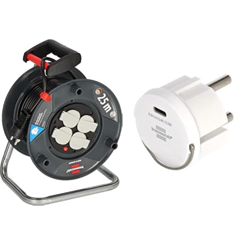 Brennenstuhl Garant V2 Kabeltrommel 25m Kabel (Made in Germany, 4 Schutzkontakt-Steckdosen, Überhitzungsschutz, Trommelkörper aus Spezialkunststoff) + Brennenstuhl USB C Steckdosenadapter von Brennenstuhl