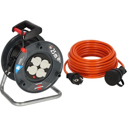 Brennenstuhl Garant V2 Kabeltrommel 25m Kabel & BREMAXX Verlängerungskabel (10m Kabel in orange, für den Einsatz im Außenbereich IP44, Stromkabel einsetzbar bis -35 °C, öl- und UV-beständig) von Brennenstuhl