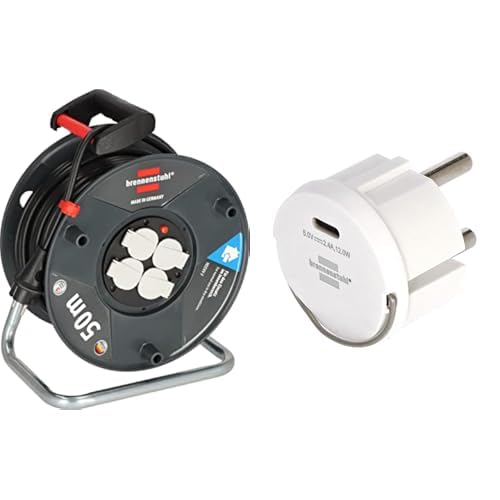 Brennenstuhl Garant V2 Kabeltrommel 50m Kabel (Made in Germany, 4 Schutzkontakt-Steckdosen, Überhitzungsschutz, Trommelkörper aus Spezialkunststoff) + Brennenstuhl USB C Steckdosenadapter von Brennenstuhl