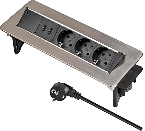 Brennenstuhl Indesk Power USB-Charger Tischsteckdosenleiste/versenkbare Steckdose 3-Fach (Mehrfachsteckdose mit 2 USB Ladebuchsen, 2m Kabel) Silber/schwarz von Brennenstuhl