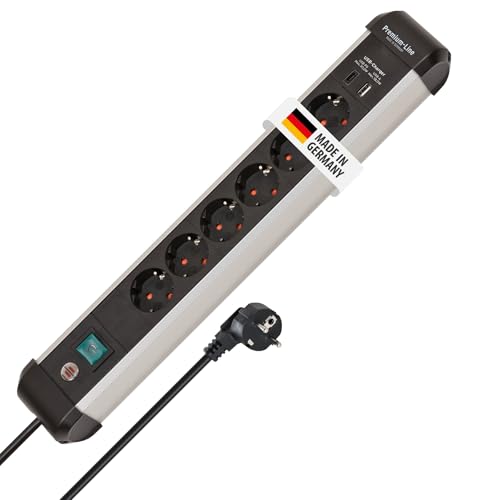 Brennenstuhl Premium-Alu-Line Steckdosenleiste 6-Fach mit USB C PD 30W und USB A 18W aus Aluminium (Made in Germany, Mehrfachsteckdose mit 3m Kabel und Schalter, Steckerleiste zur Wandmontage) von Brennenstuhl