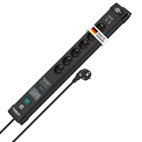 Brennenstuhl Premium-Line Steckdosenleiste 6-Fach mit Überspannungsschutz bis zu 60.000A (mit Schalter, 3m Kabel, 2-Fach USB 3,10A, Steckdosenleiste Wandmontage, Made in Germany) schwarz von Brennenstuhl