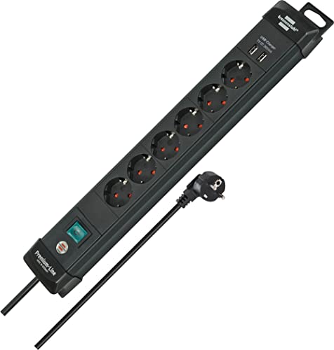Brennenstuhl Premium-Line Steckdosenleiste 6-Fach (Mehrfachsteckdose mit 3m Kabel und Schalter, mit Aufhänge-Vorrichtung, 2-Fach USB 3,1A, Steckdosenleiste Wandmontage, Made in Germany) schwarz von Brennenstuhl